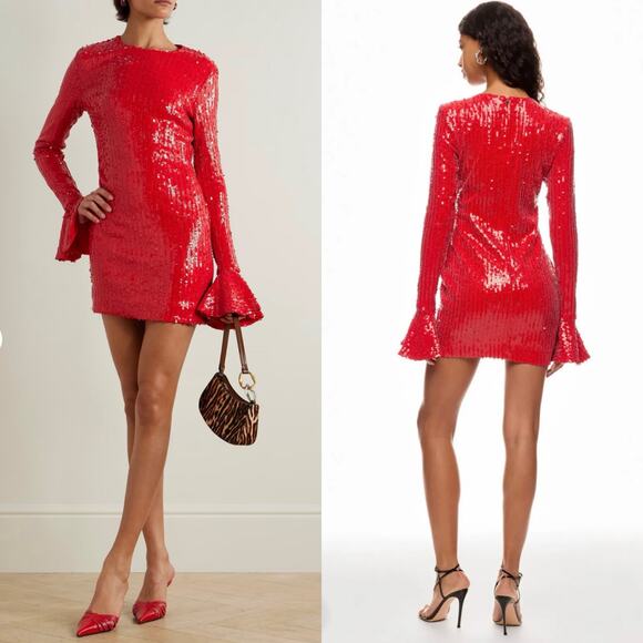 NWT ROTATE Birger Christensen Sequins Long Sleeve Mini Dress Red Cocktail Size 4 - Picture 1 of 16